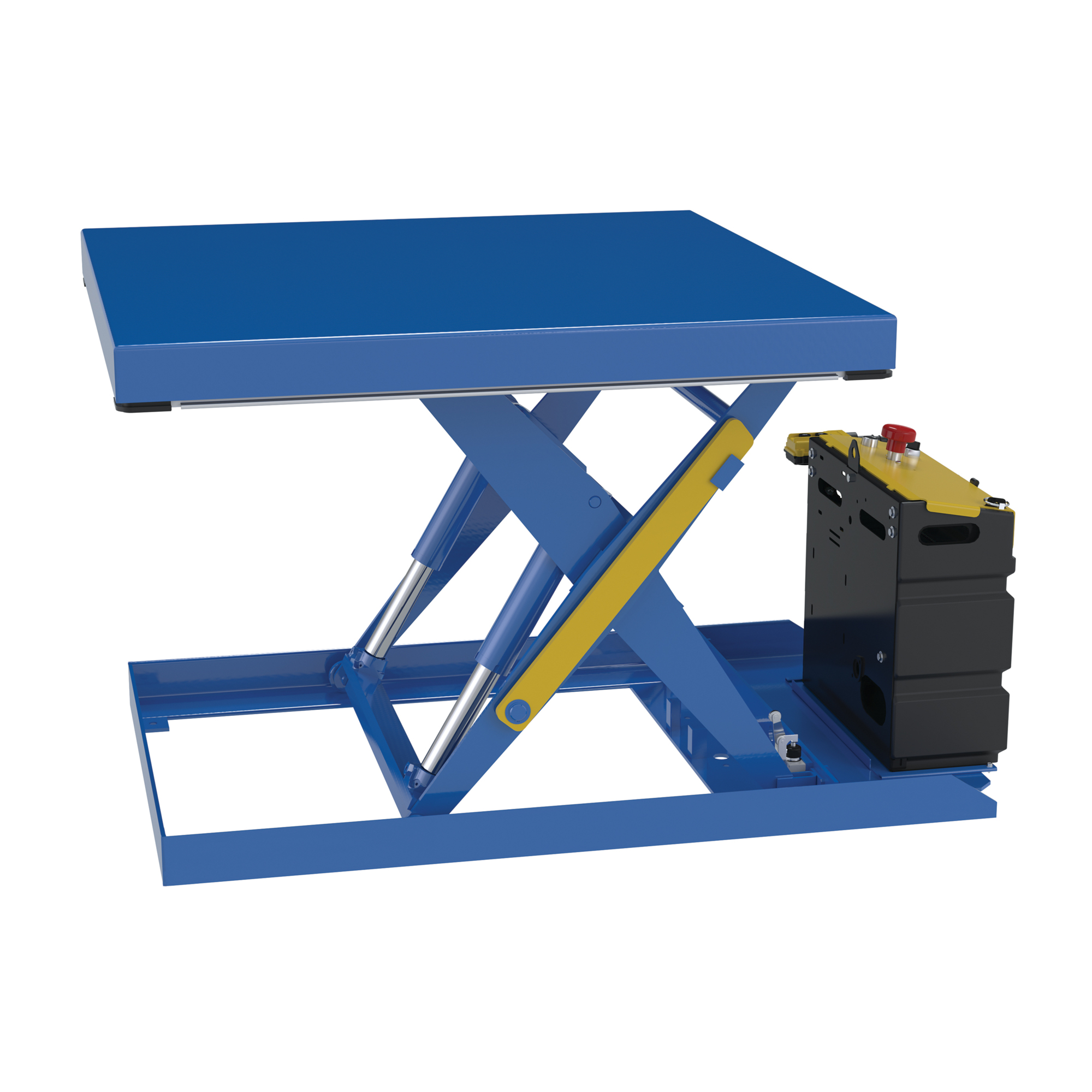 Vestil Steel Scissor Lift Table DC Power 55-7/16 In. x 42-3/8 In. x 32 In. 2,000 Lb. Capacity Blue